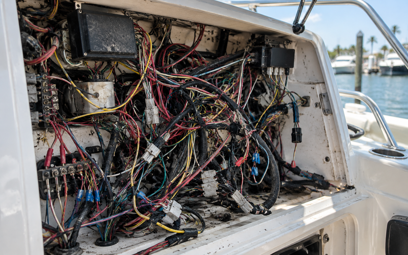 Messy marine electrical compartment with tangled and abandoned wiring before cleanup