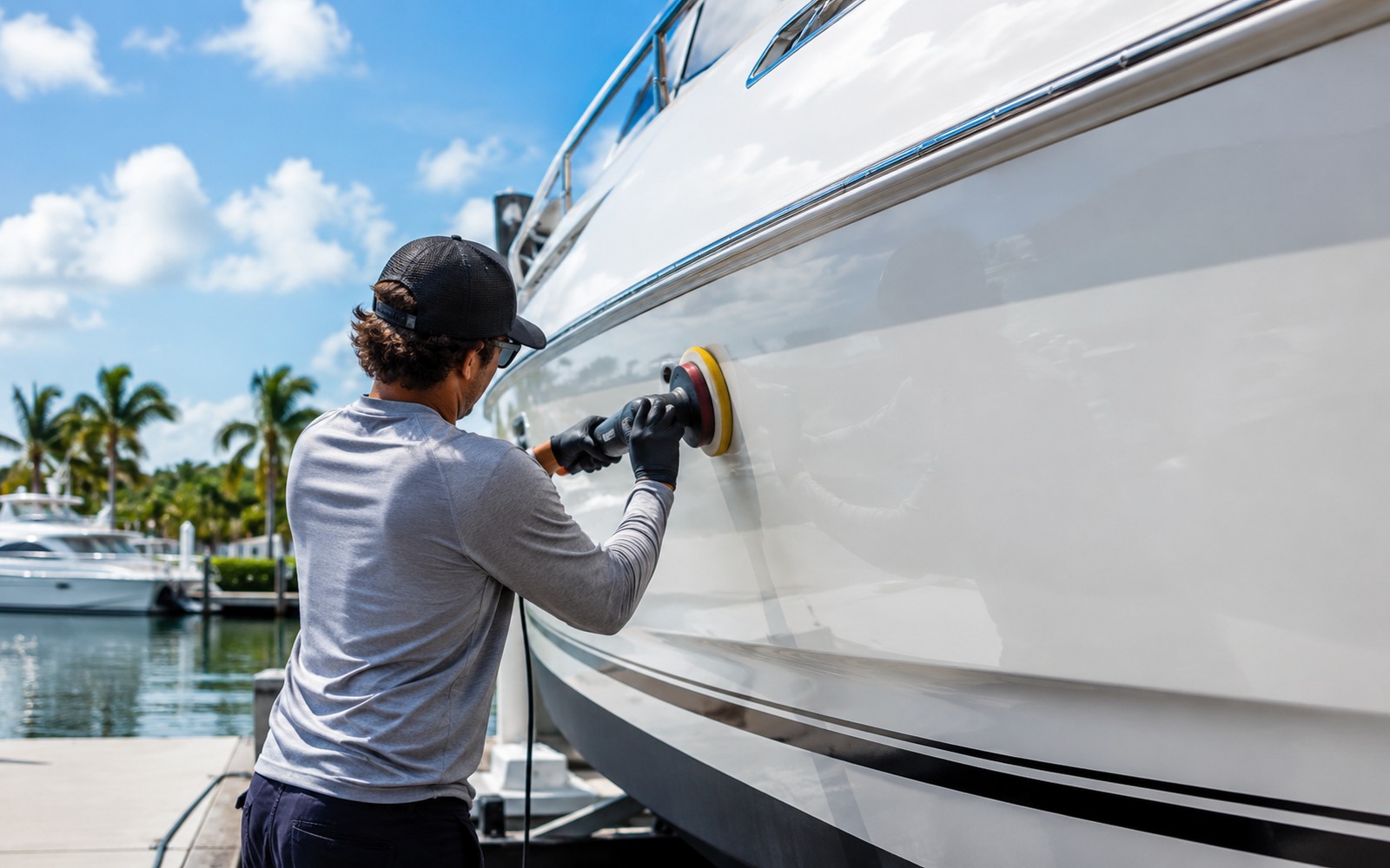 Technician polishing a yacht hull at a marina